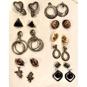 LOT 10 PAIRS SILVER COPPER POST & CLIP ON ENAMEL RHINESTONE DANGLE EARRINGS EUC